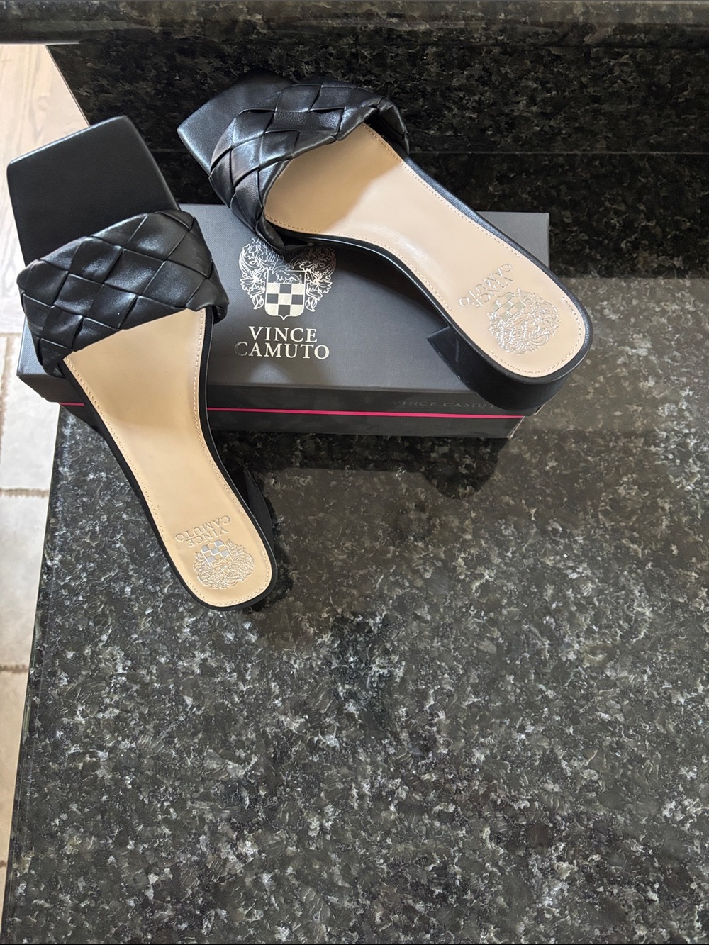 Vince Camuto Black Braided Square-Toe Slide Sandals